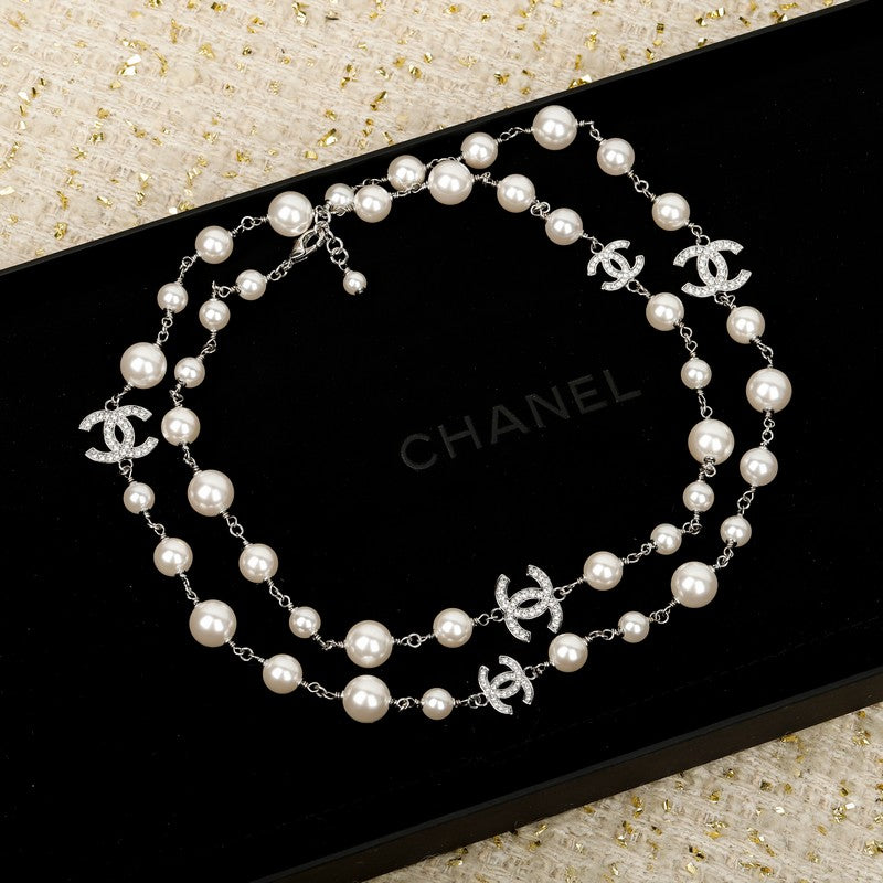 18K CC White Gold Long Pearl Necklace
