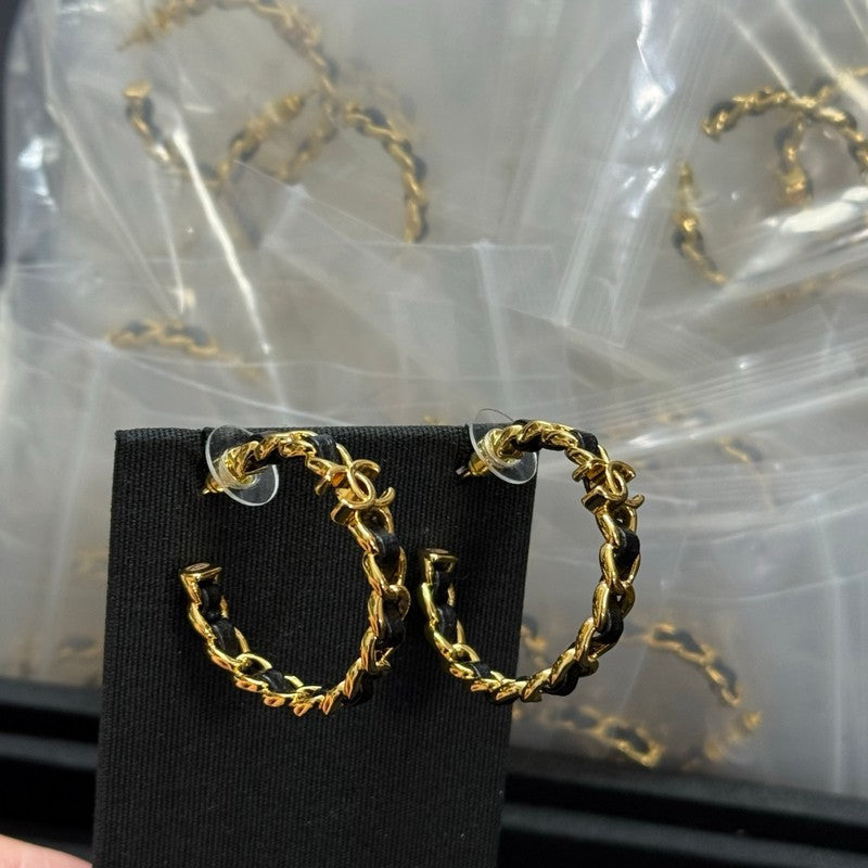 18K CC Black Leather Gold Earrings