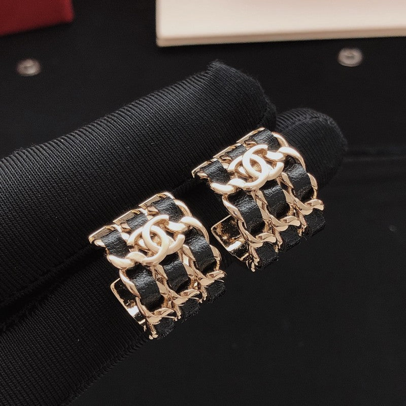 18K CC Leather Gold Circle Earrings