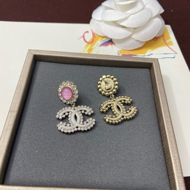 18K CC Pink Crystal Pave Diamond Earrings