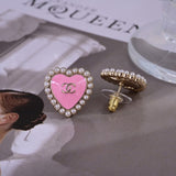 18K CC Pink Heart Pearl Earrings