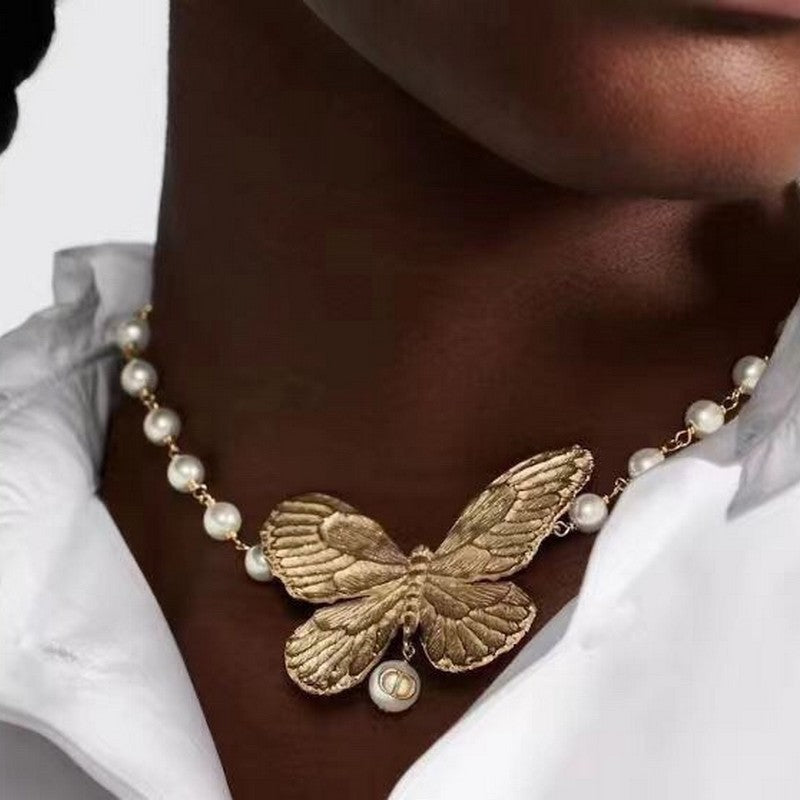 18K CD Butterfly Pearl Choker Necklace