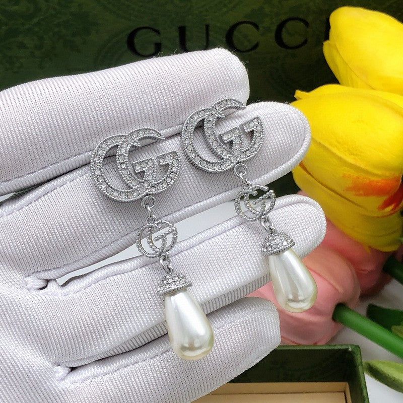 18K GG Diamond Pearl Drop Earrings
