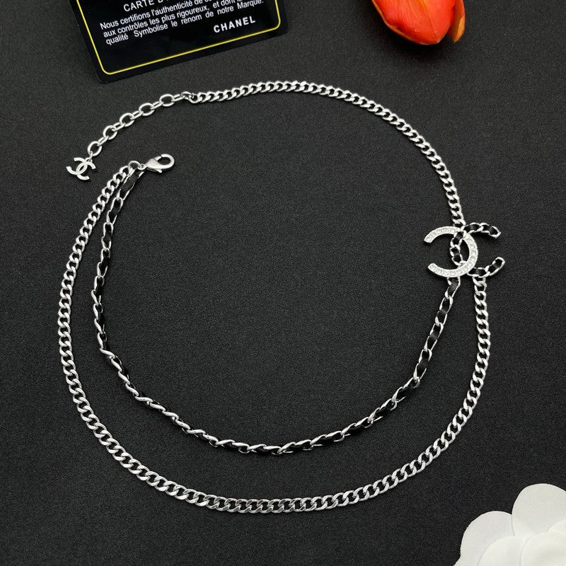 18K CC Black Leather Chain Necklace