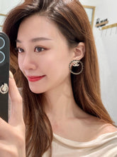 18K CC Black Leather Circle Earrings