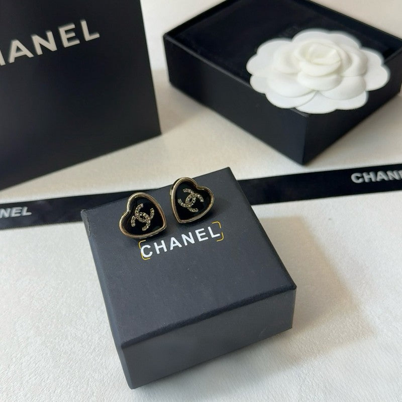18K CC Black Heart Gold Earrings