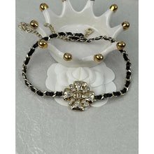 18K CC Black Leather Flower Necklace