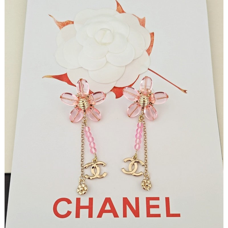 18K CC Pink Crystal Flower Gold Earrings