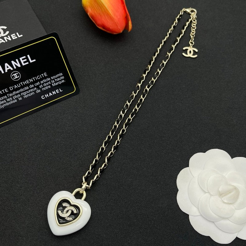 18K CC Black & White Heart Leather Necklace