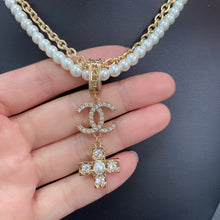 18K CC Cross Diamond Pearl Chain Necklace