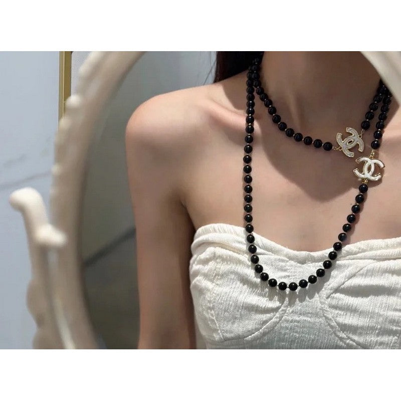 18K CC 23A Black Bead Long Necklace