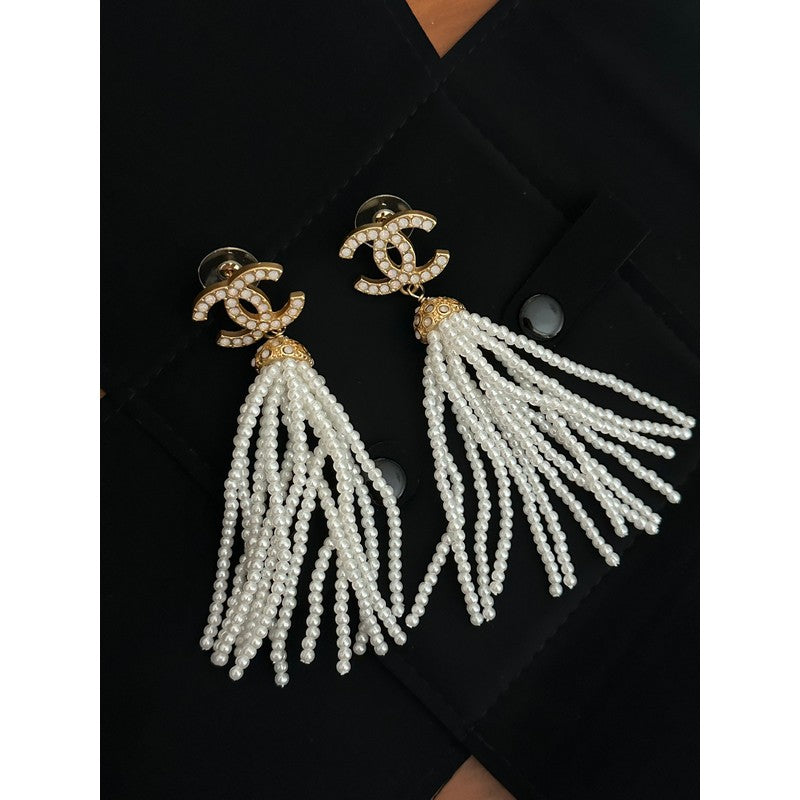 18K CC Pearl Tassel Earrings