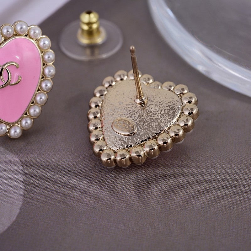 18K CC Pink Heart Pearl Earrings