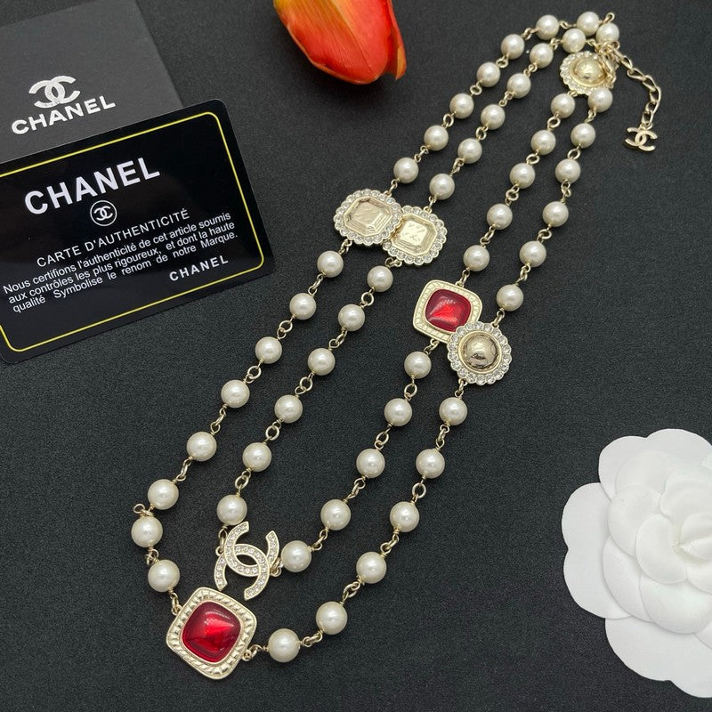 18K CC Red Crystal Pearl Long Necklace