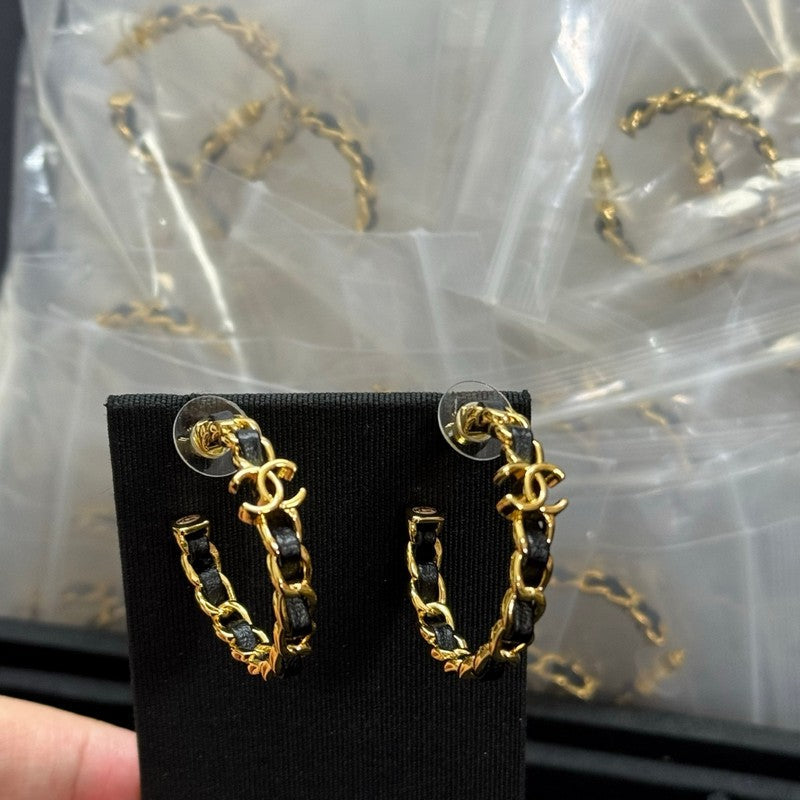 18K CC Black Leather Gold Earrings