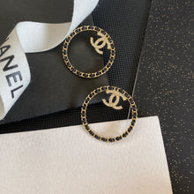 18K CC Black Leather Circle Earrings