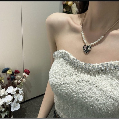 18K CC Pink & Black Heart Pearl Necklace