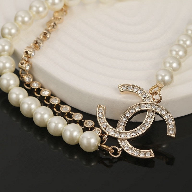 18K CC Double Chain Pearls Necklace