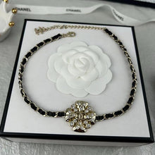 18K CC Black Leather Flower Necklace