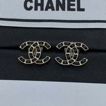 18K CC Black Leather Gold Earrings