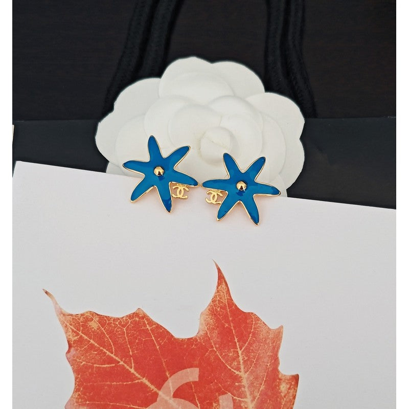 18K CC Blue Starfish Gold Earrings
