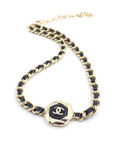 18K CC Rhinestone Leather Choker Necklace