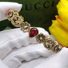 18K Double G Flowers Red Crystals Open Cuff Bracelet