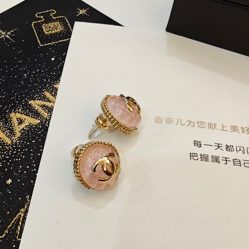 18K CC Black & Pink Round Earrings
