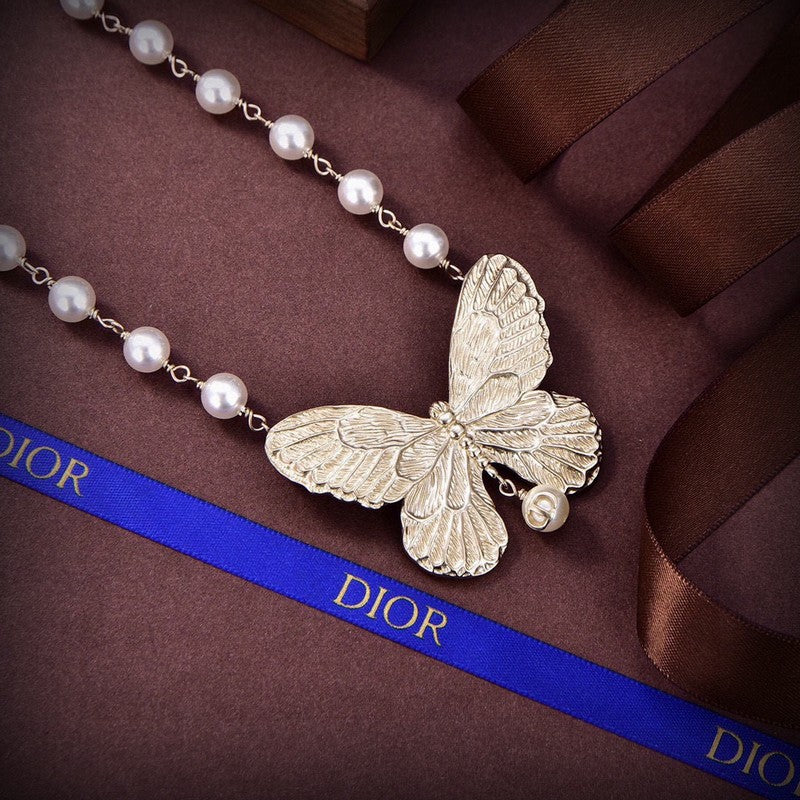 18K CD Butterfly Pearl Choker Necklace