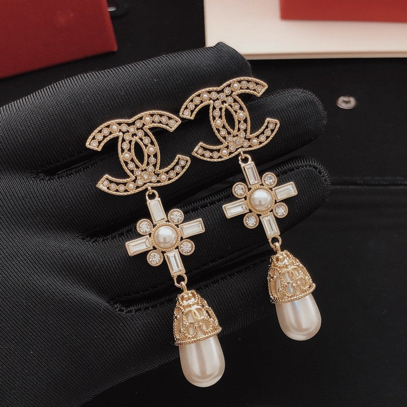 18K CC Diamond Cross Pearl Drop Earrings