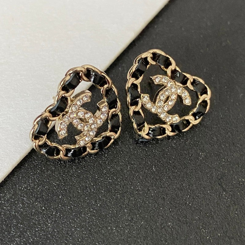 18K CC Black Leather Heart Gold Earrings