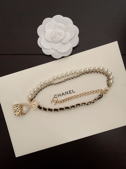 18K CC Pearl Leather Bag Pendant Necklace