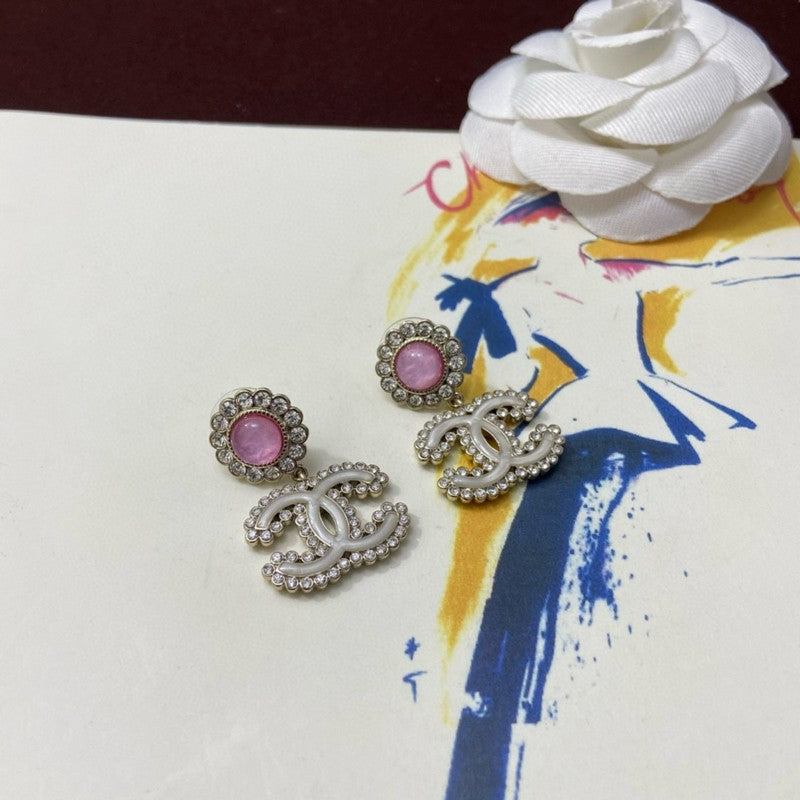 18K CC Pink Crystal Pave Diamond Earrings