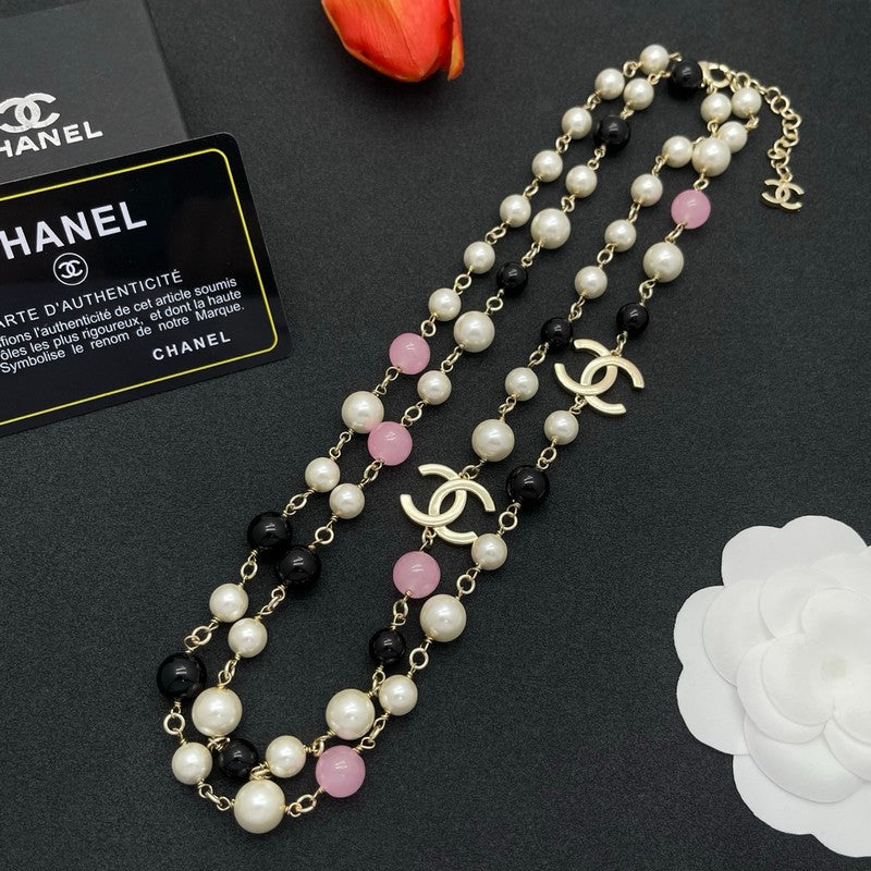 18K CC Black & Pink Bead Long Necklace