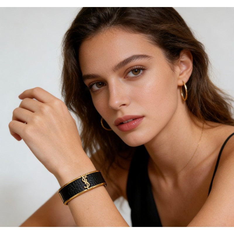 18K Saint Black Leather Gold Bracelet