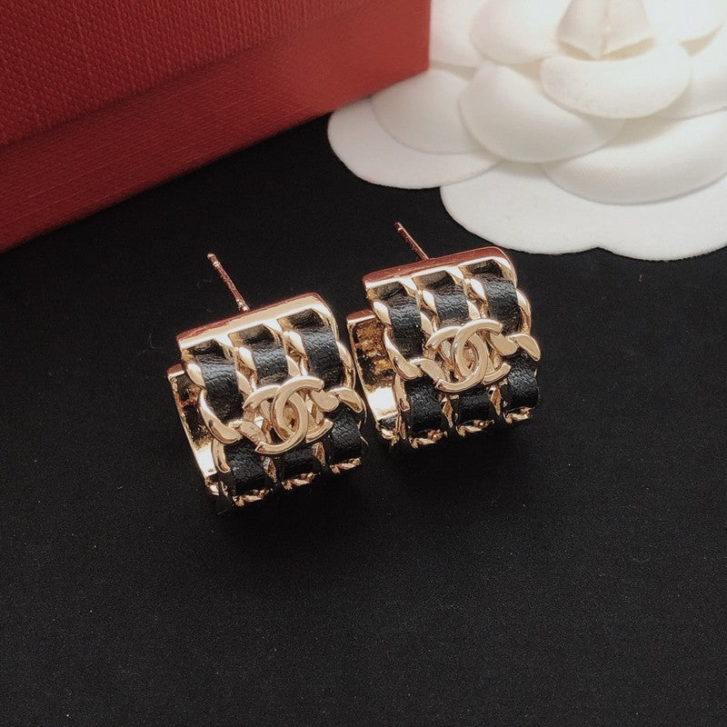 18K CC Leather Gold Circle Earrings