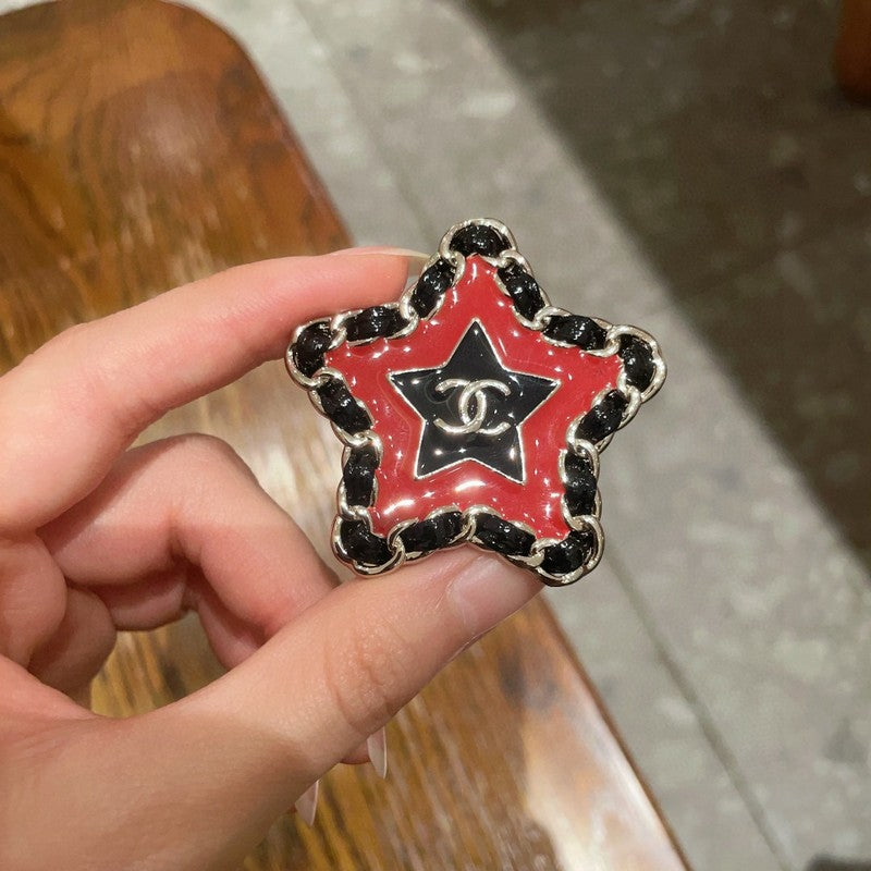 18K CC Black & Red Star Leather Brooch