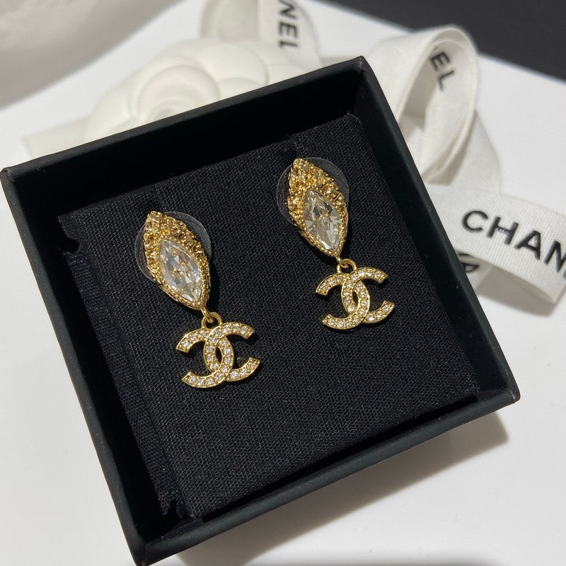 18K CC Diamond Gold Pendant Earrings