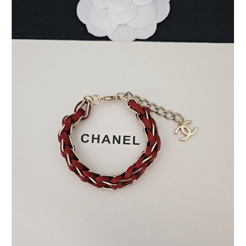 18K CC Red Leather Gold Chain Bracelet