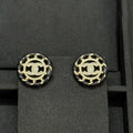 18K CC Black Leather Round Earrings
