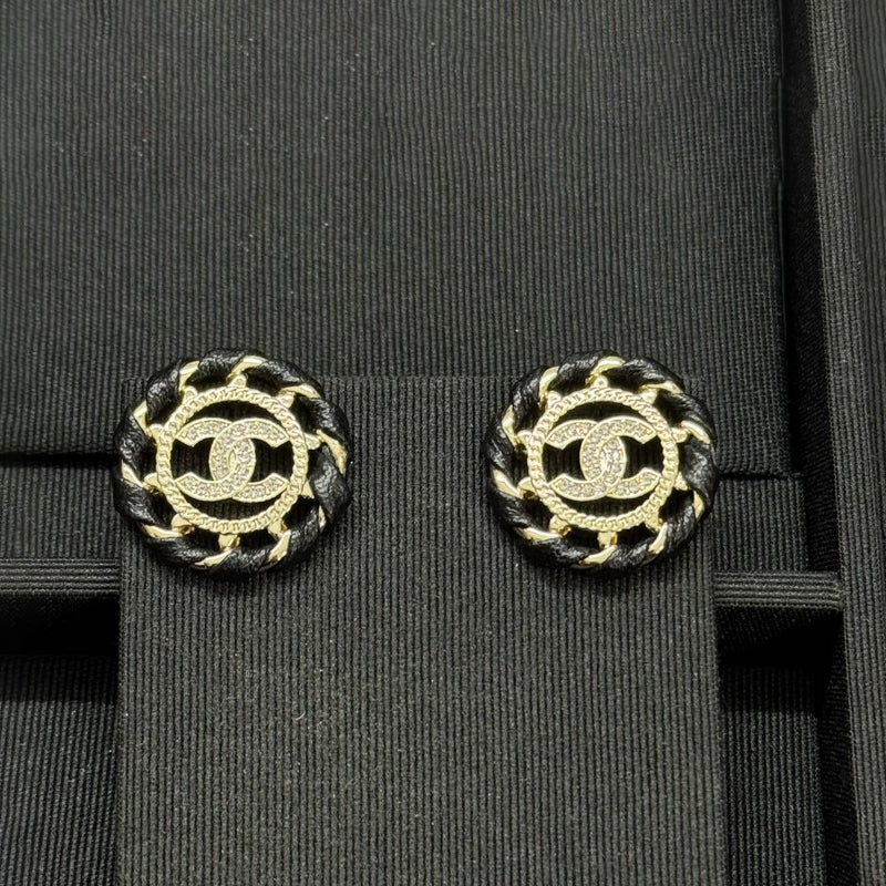 18K CC Black Leather Round Earrings