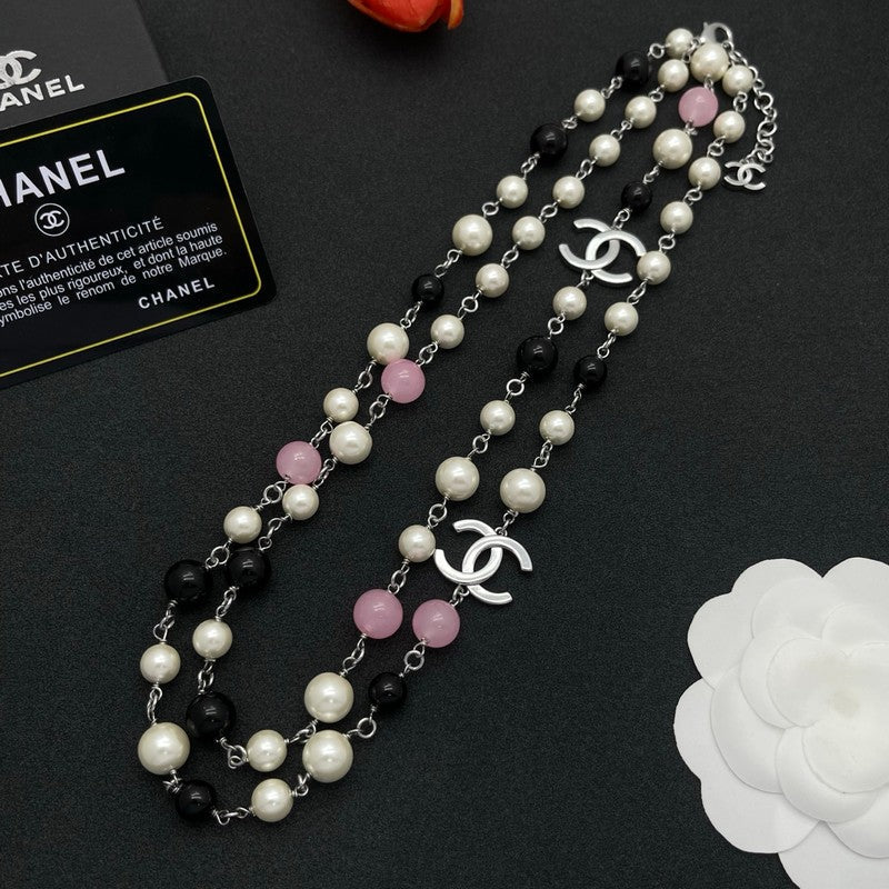 18K CC Black & Pink Bead Long Necklace