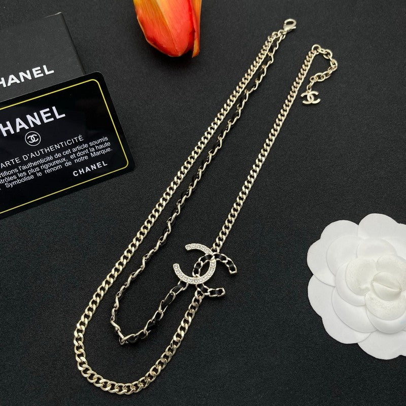 18K CC Black Leather Chain Necklace
