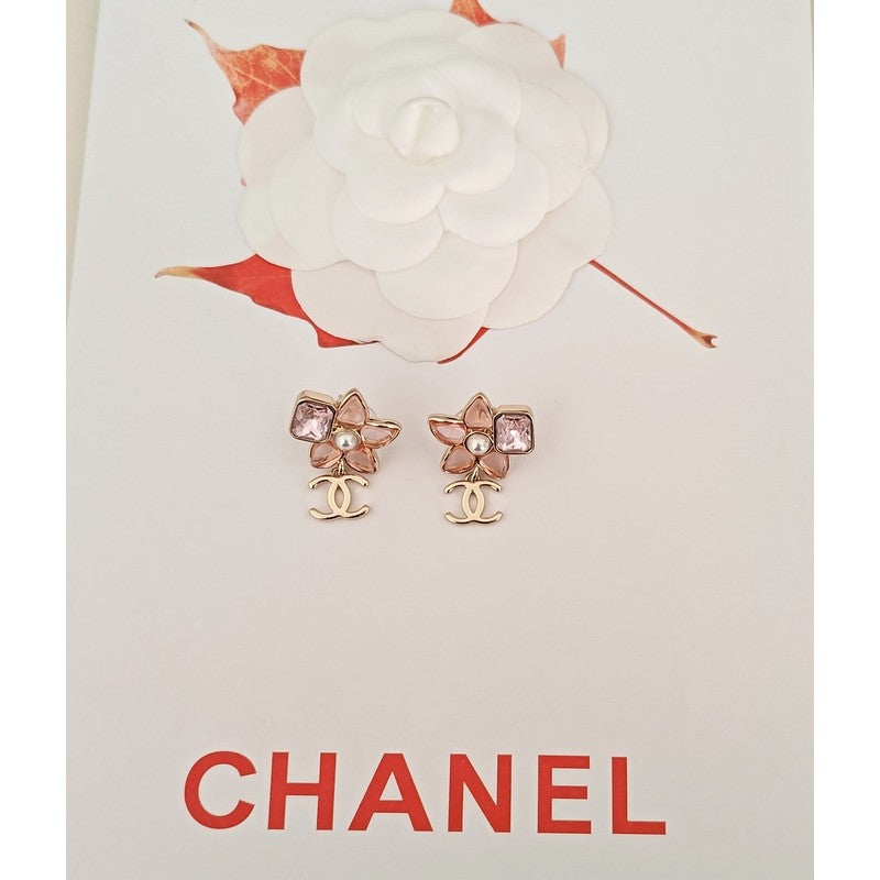 18K CC Pink Crystal Flower Drop Earrings