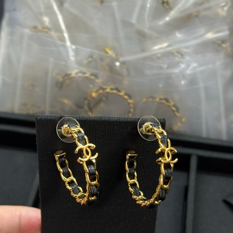 18K CC Black Leather Gold Earrings