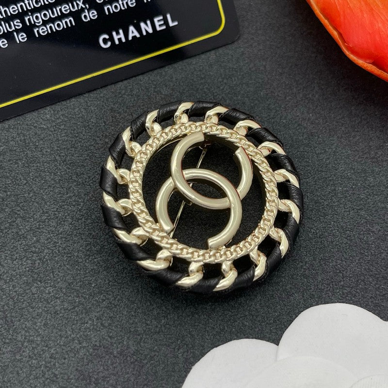 18K CC Leather Gold Brooch