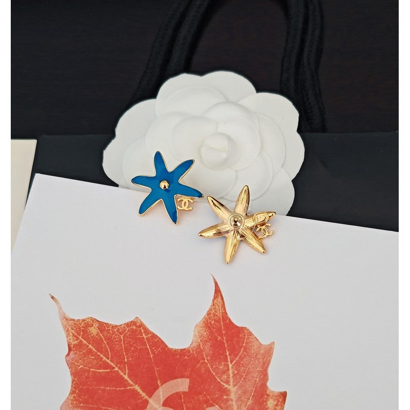 18K CC Blue Starfish Gold Earrings