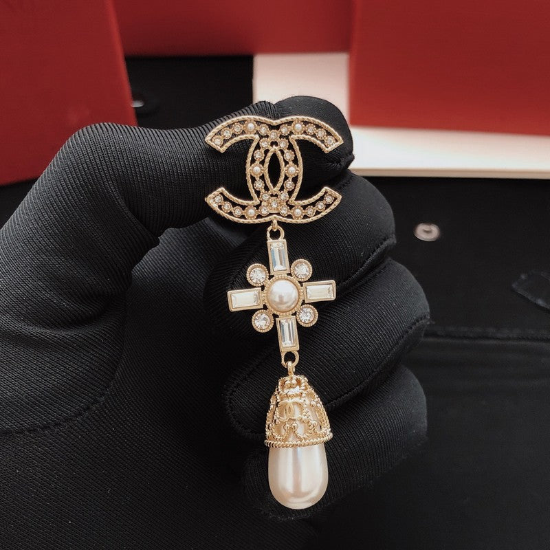 18K CC Diamond Cross Pearl Drop Earrings