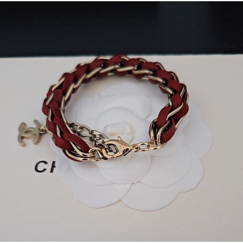 18K CC Red Leather Gold Chain Bracelet