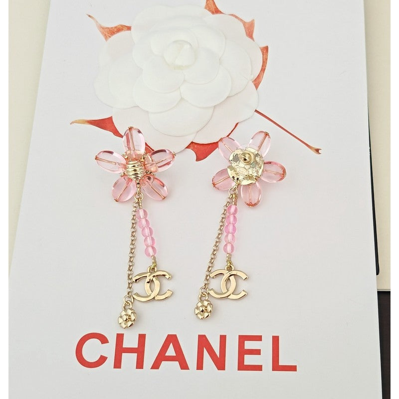18K CC Pink Crystal Flower Gold Earrings